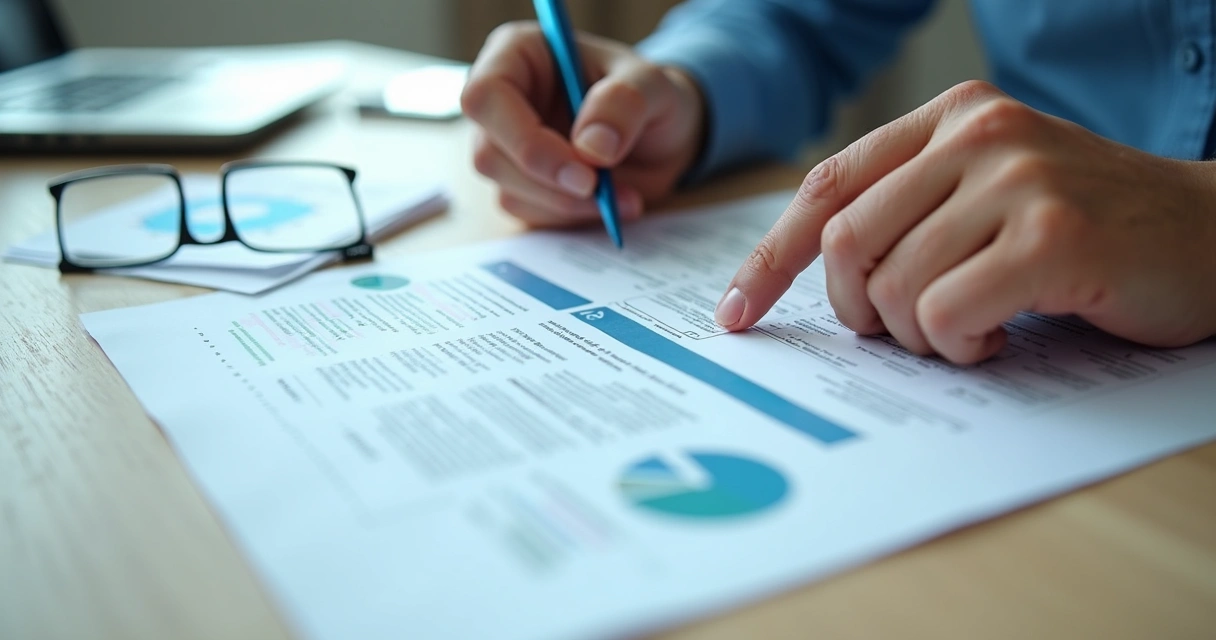 Pessoa analisando contrato de plano de saúde com caneta e documentos 