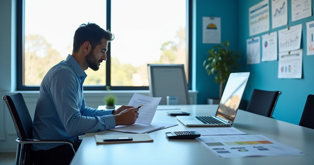 Empresário analisa contrato médico empresarial na mesa de reuniões 