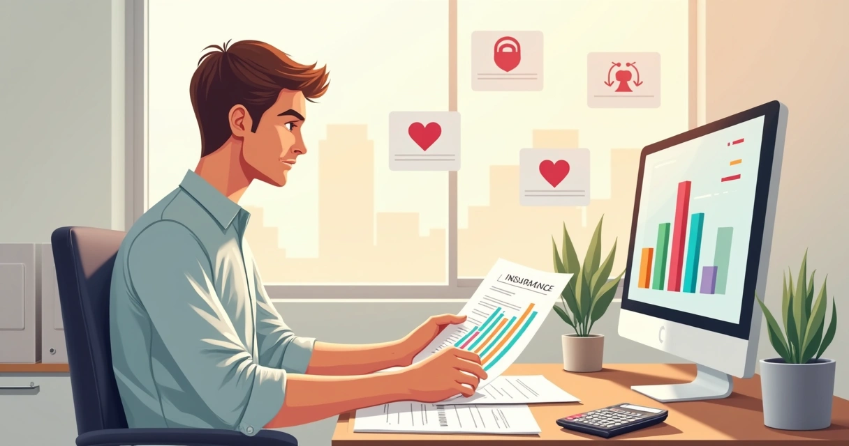 Pessoa analisando proposta de seguro de vida com documentos e calculadora 