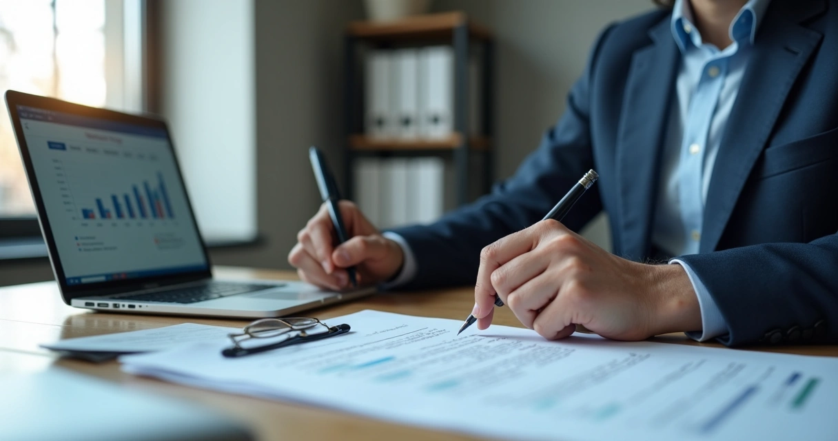 Profissional analisando contrato de seguro em escritório