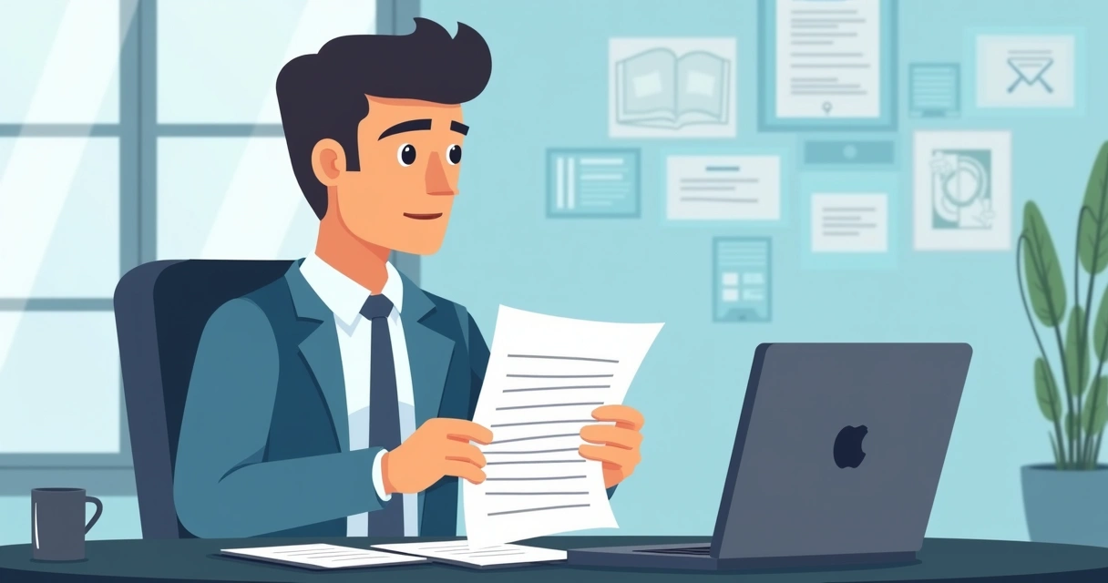 Homem analisando contrato de seguro, mesa com laptop, ambiente corporativo, foco em documentos 