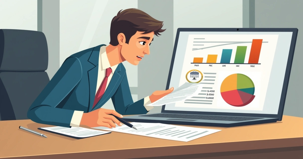 Pessoa analisando contrato de seguro resgatável, consultando gráfico de prazos e taxas em um computador. 