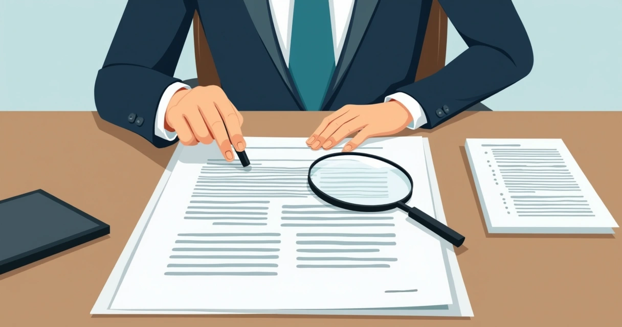 Pessoa analisando contrato de seguro de vida com lupa em mesa de escritório. 