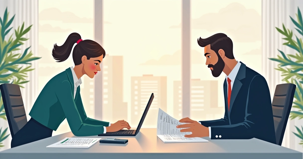 Duas pessoas em reunião analisando contrato financeiro 