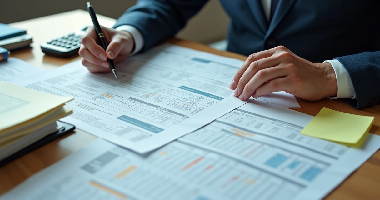 Pessoa analisando contratos bancários e planilhas financeiras lado a lado, com marca-texto e anotações visíveis 