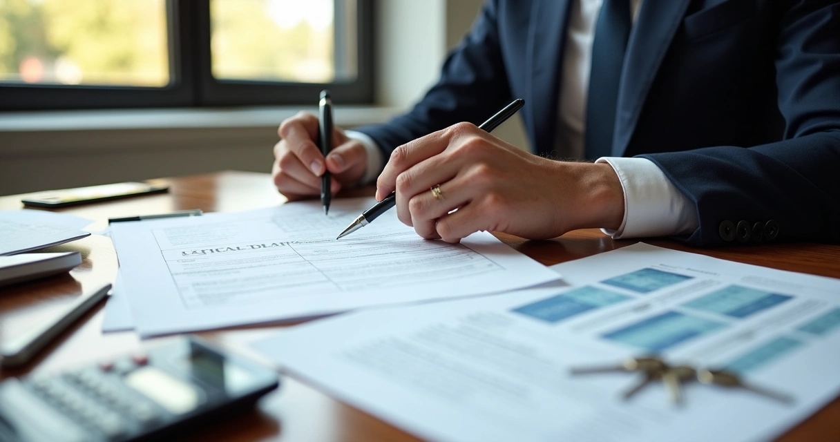 Pessoa analisando documentos de imóveis e contratos em uma mesa 