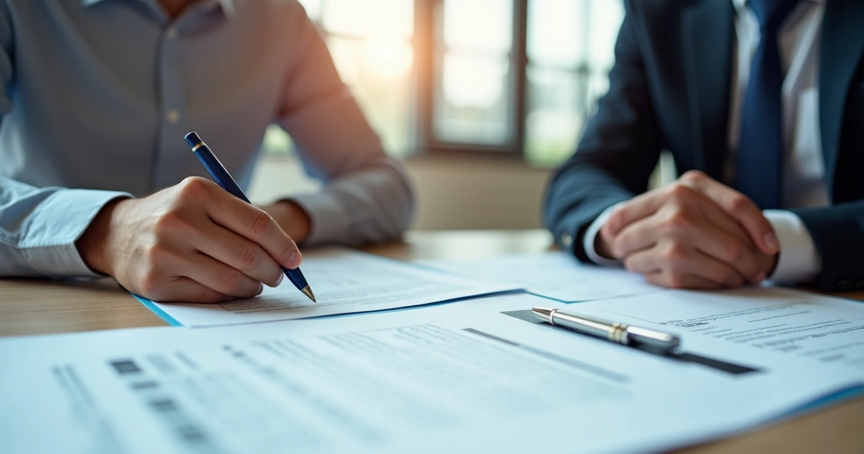 Duas pessoas analisando contratos empresariais, com caneta e computador 