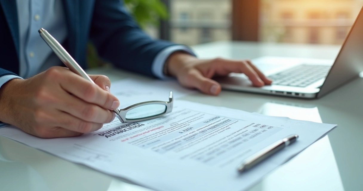 Pessoa analisando edital de imóvel com lupa e laptop 