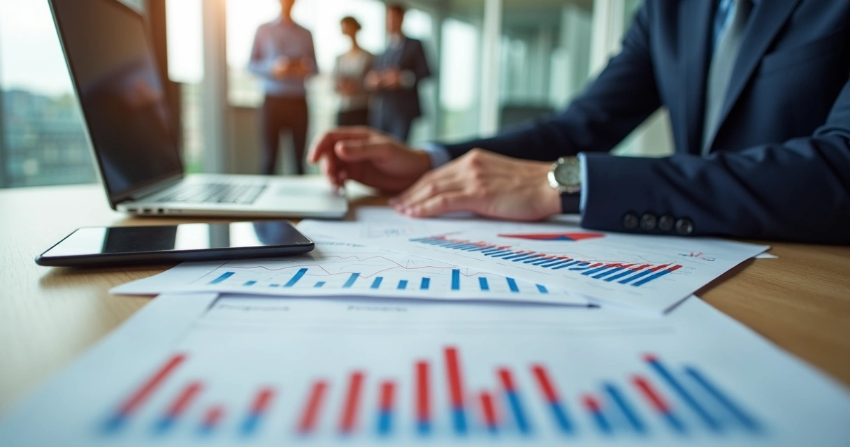 Executivo analisando contratos e gráficos financeiros 