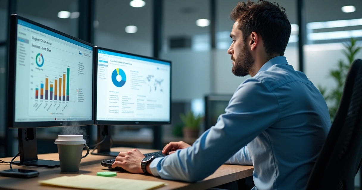 Profissional de TI analisando contratos e fornecedores em dois monitores grandes.