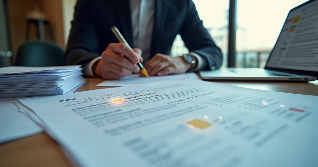 Revisão de contratos com IA destacando cláusulas de risco 