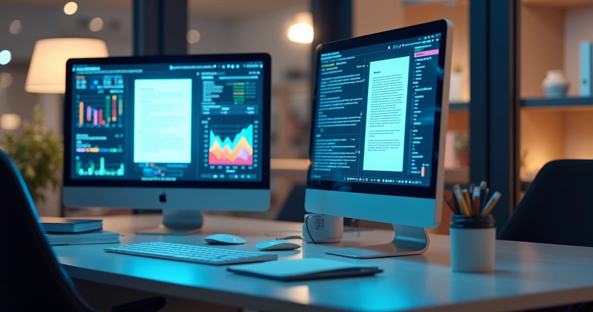 Tela de computador exibindo contrato analisado por IA junto a gráficos 