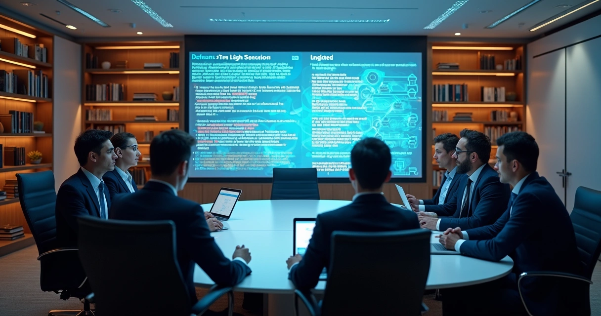 Advogados analisando contrato digital em mesa de reunião 