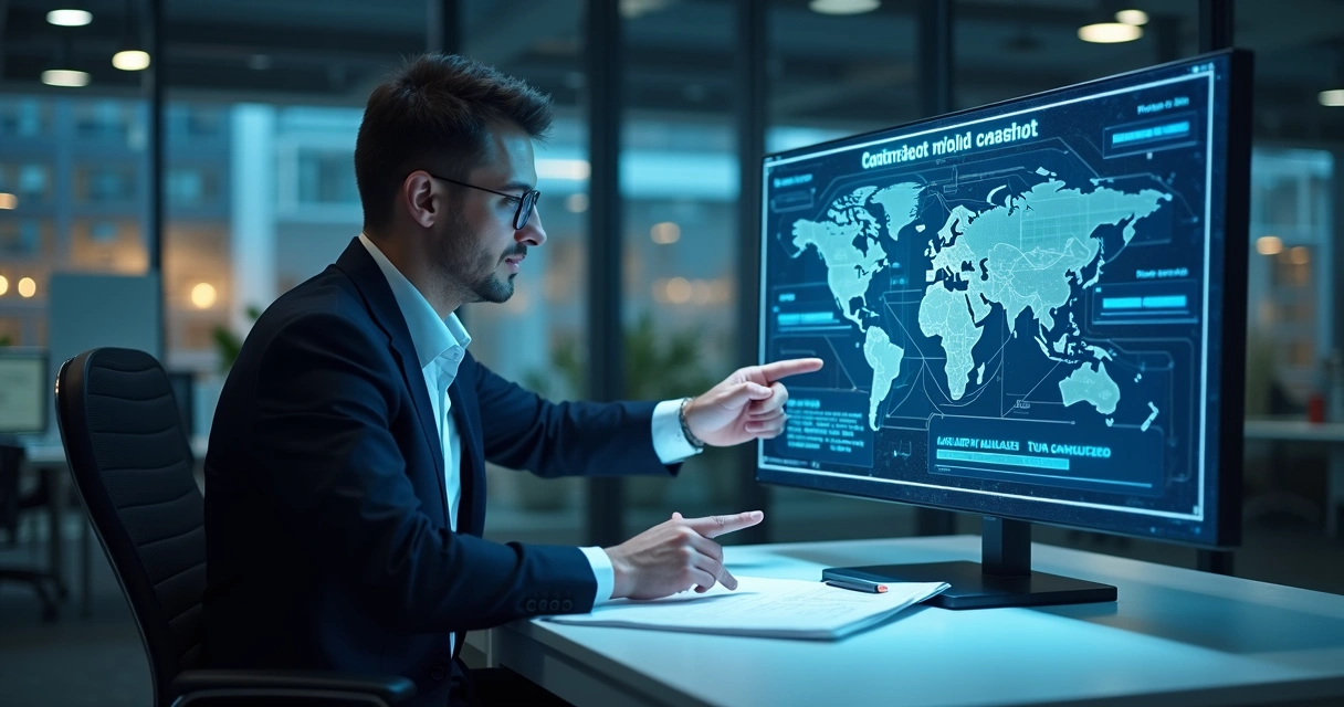 Advogado observando análise automatizada de contratos jurídicos em tela digital 