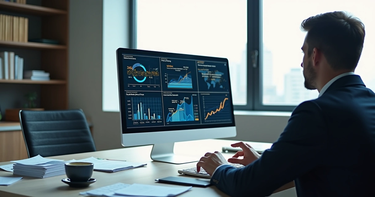 Advogado usando computador com gráficos de contratos jurídicos na tela 