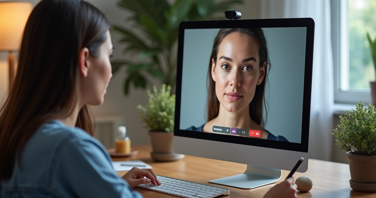 Mulher em sessão online de análise corporal observando detalhes do rosto no computador 