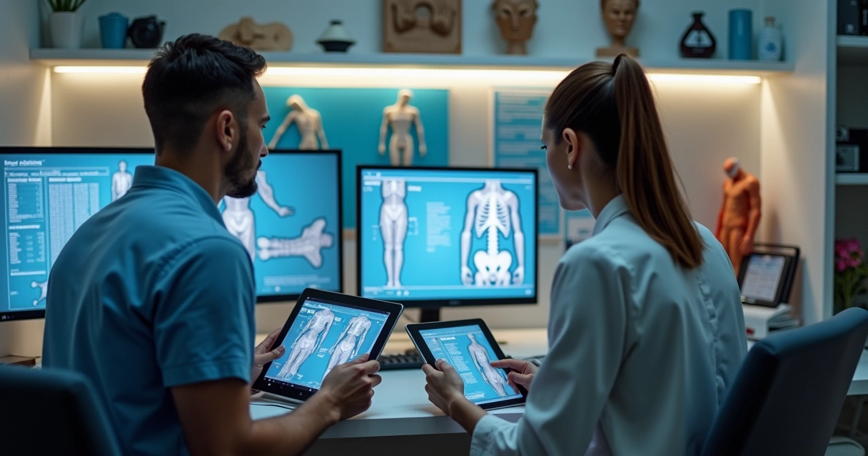 Equipe analisando laudos de análise corporal em consultório 