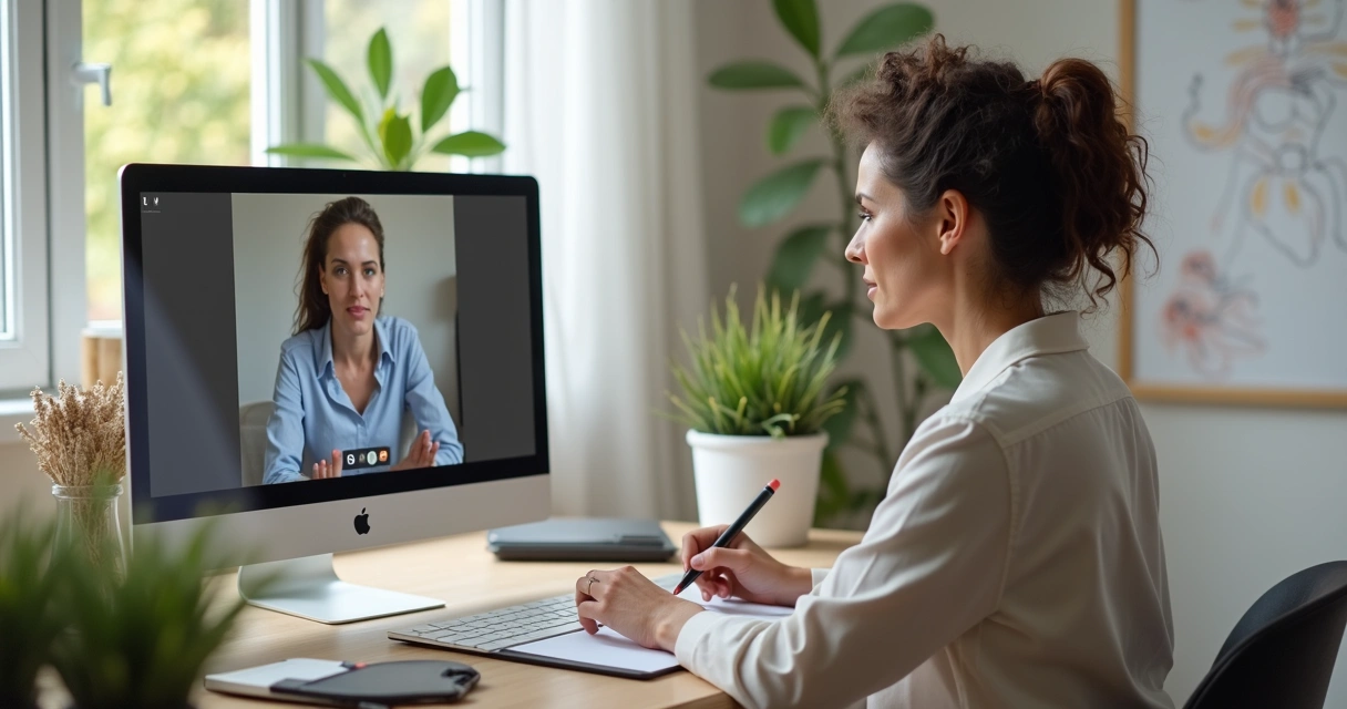 Analista observando traços corporais de uma mulher em atendimento online 