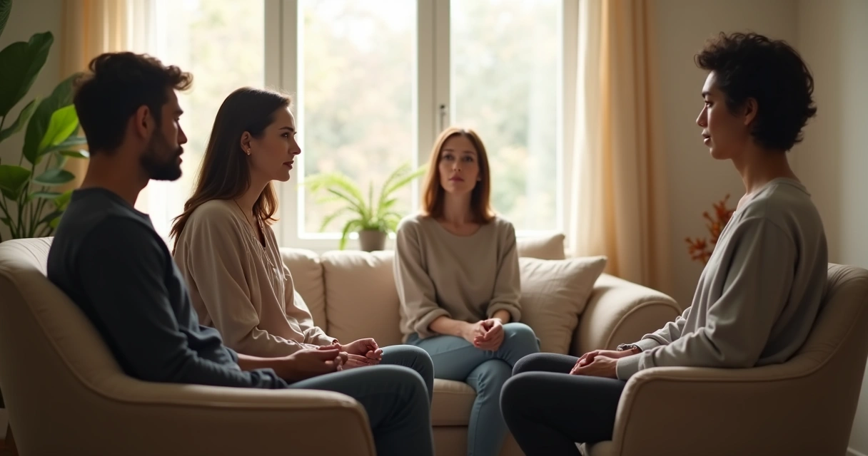 Duas pessoas sentadas frente a frente em ambiente acolhedor, conversando enquanto um terapeuta observa com atenção gestures corporais 