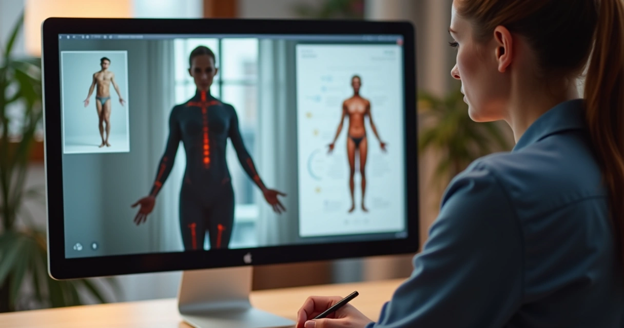 Terapeuta analisando o corpo de paciente em sessão online 