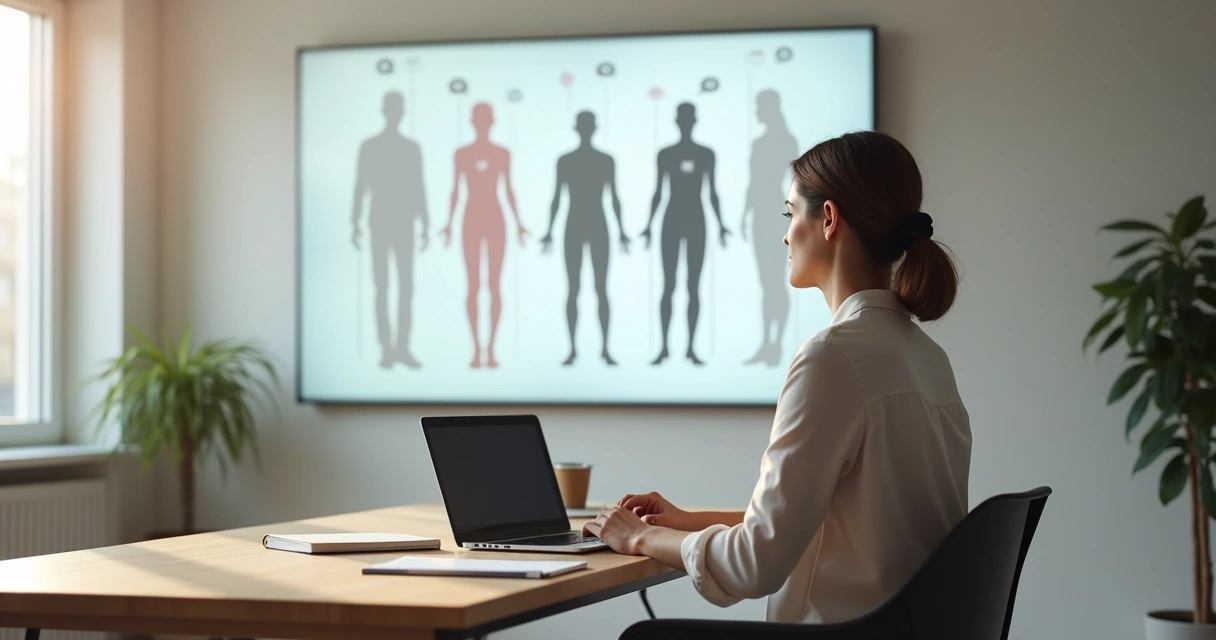 Mulher observando silhueta humana com áreas do corpo destacadas em cores diferentes 
