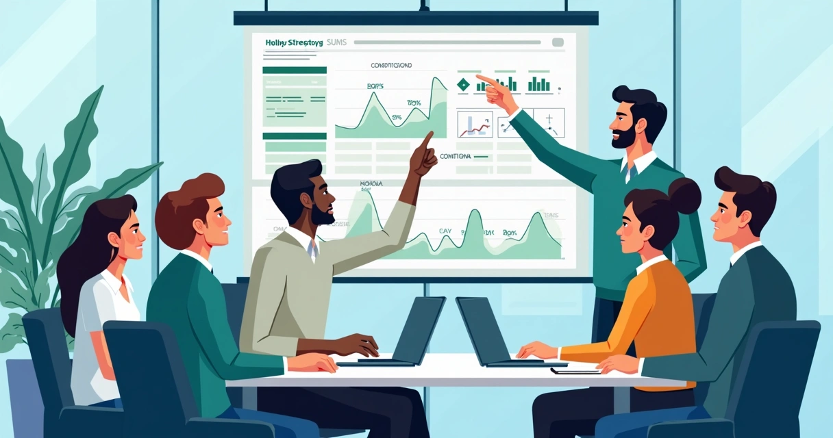 Equipe corporativa usando Excel para análise de dados em reunião 