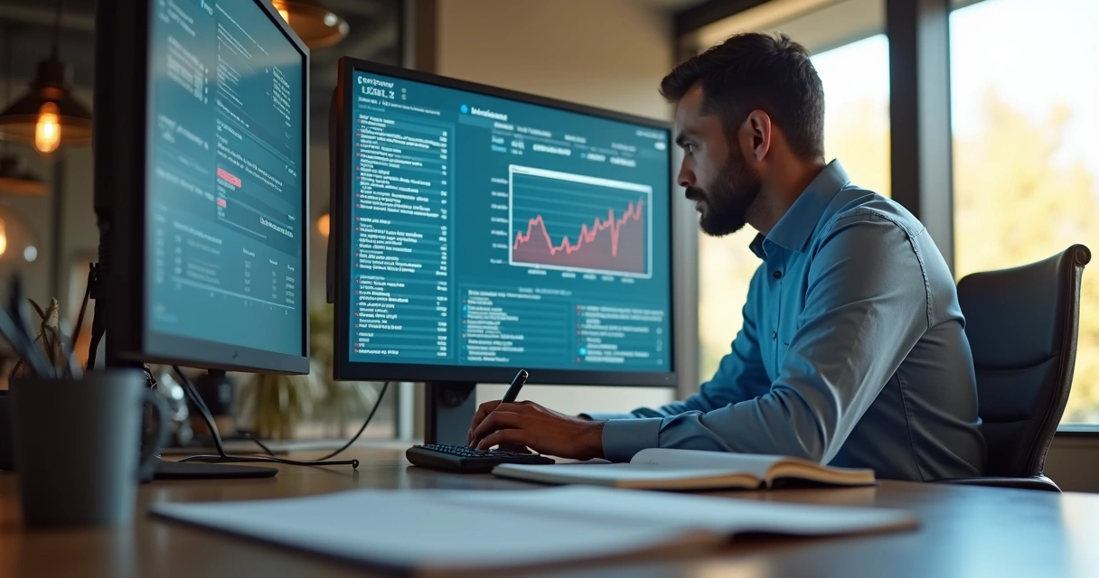 Profissional analisando nota fiscal no computador com gráficos fiscais ao fundo 