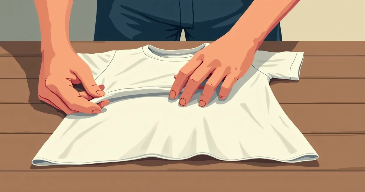 Homem inspecionando a costura de uma camiseta clara em uma mesa de madeira 