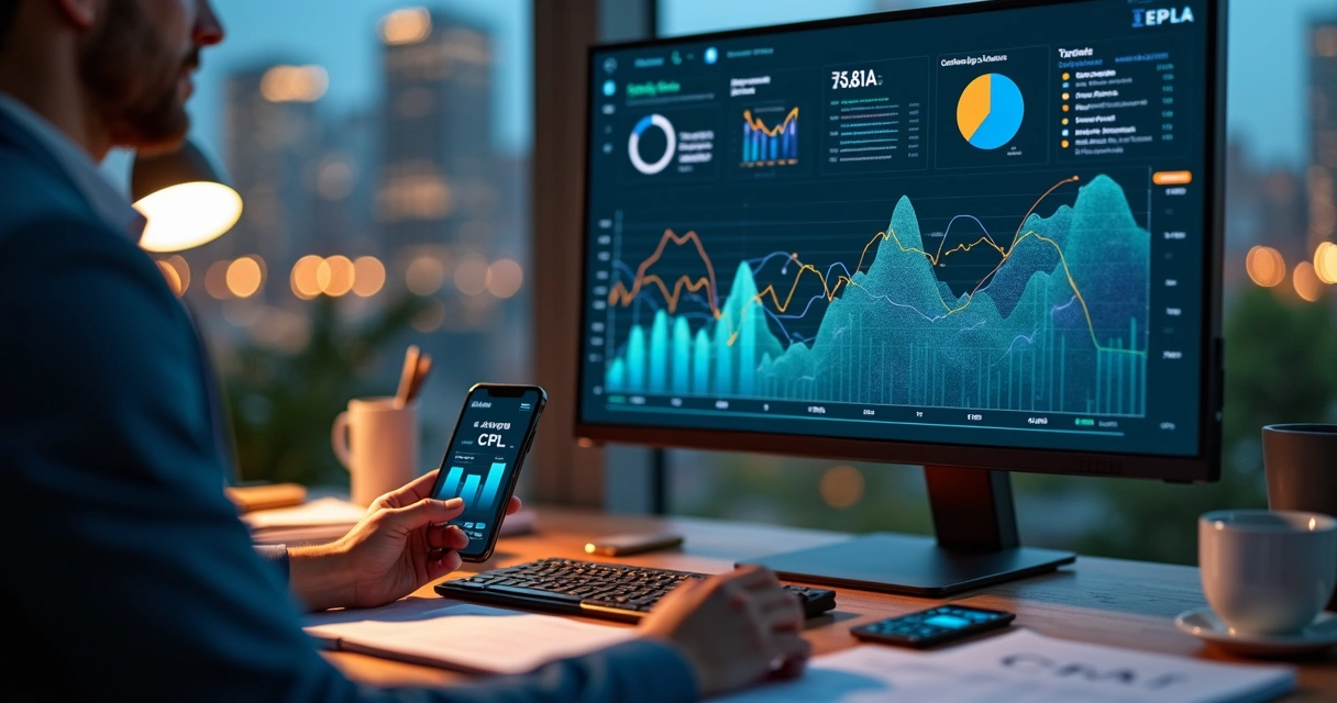 Gestor de marketing analisa gráfico de CPA em dashboard digital 