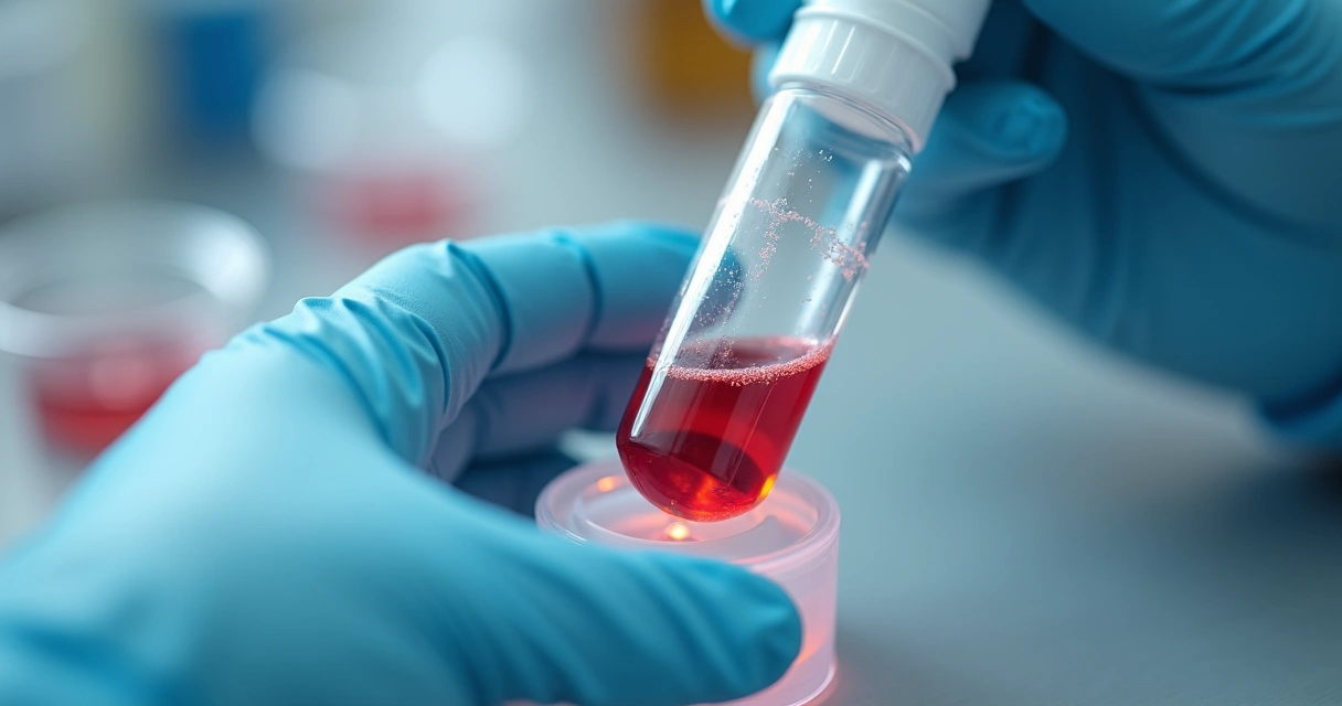 Tubo de coleta com sangue para análise de creatinina sobre bancada com estetoscópio