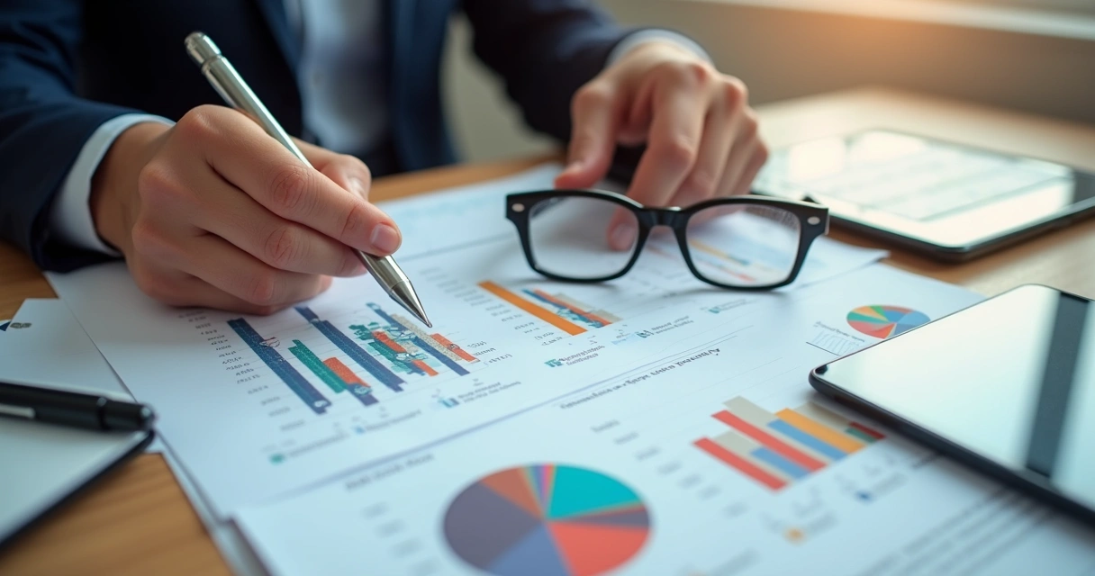 Documentos financeiros sobre mesa com gráficos, caneta e mãos revisando informações 