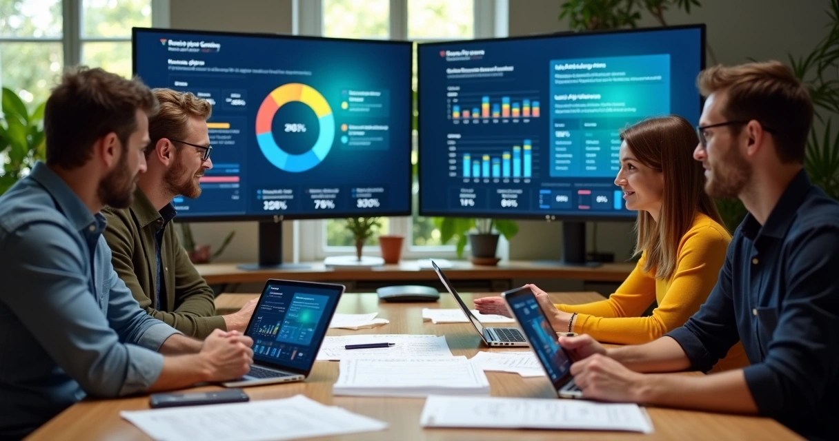Equipe avaliando dados digitais em telas para análise de crédito 