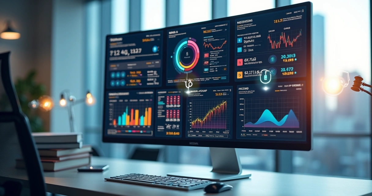 Computador com tela mostrando gráficos de análise de crédito automatizada com símbolos de compliance e segurança ao redor 
