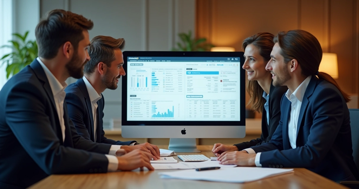 Equipe empresarial avaliando análise de crédito B2B em computador 