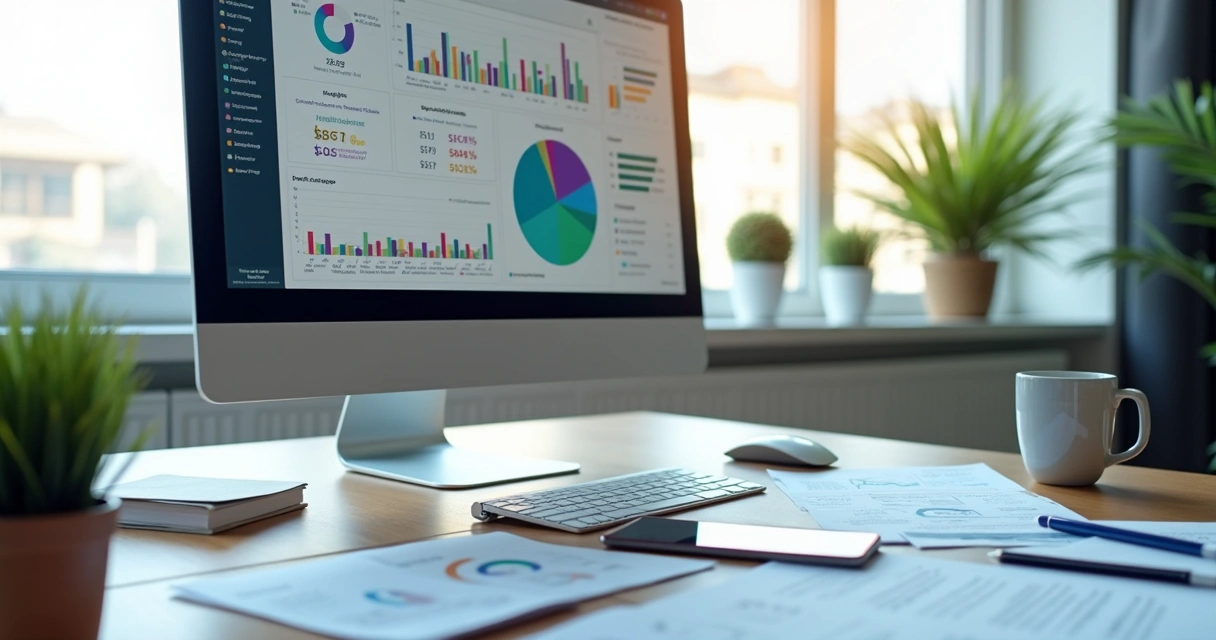 Computador com tela exibindo gráficos de análise de crédito B2B personalizados, ambiente corporativo moderno com documentos e notações ao redor 