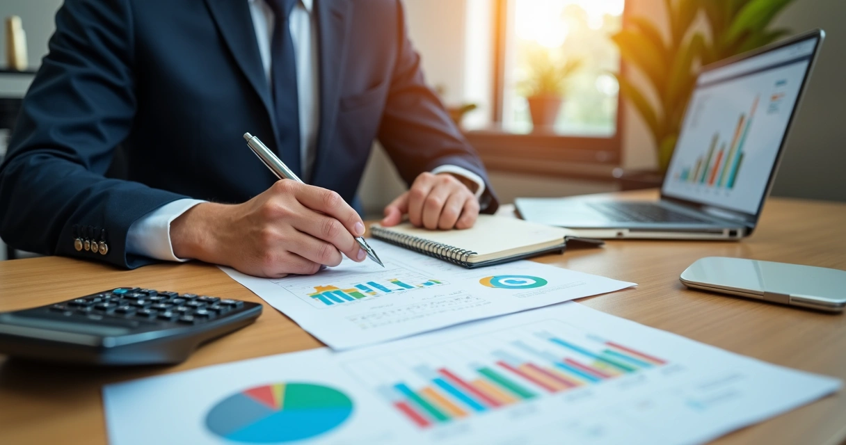 Profissional analisando documentos e gráficos para conceder crédito a clientes.