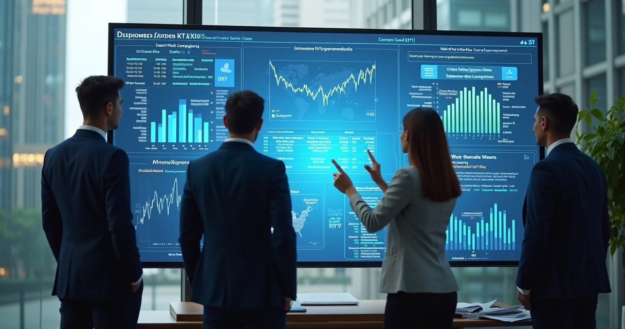 Equipe analisando crédito em painel digital