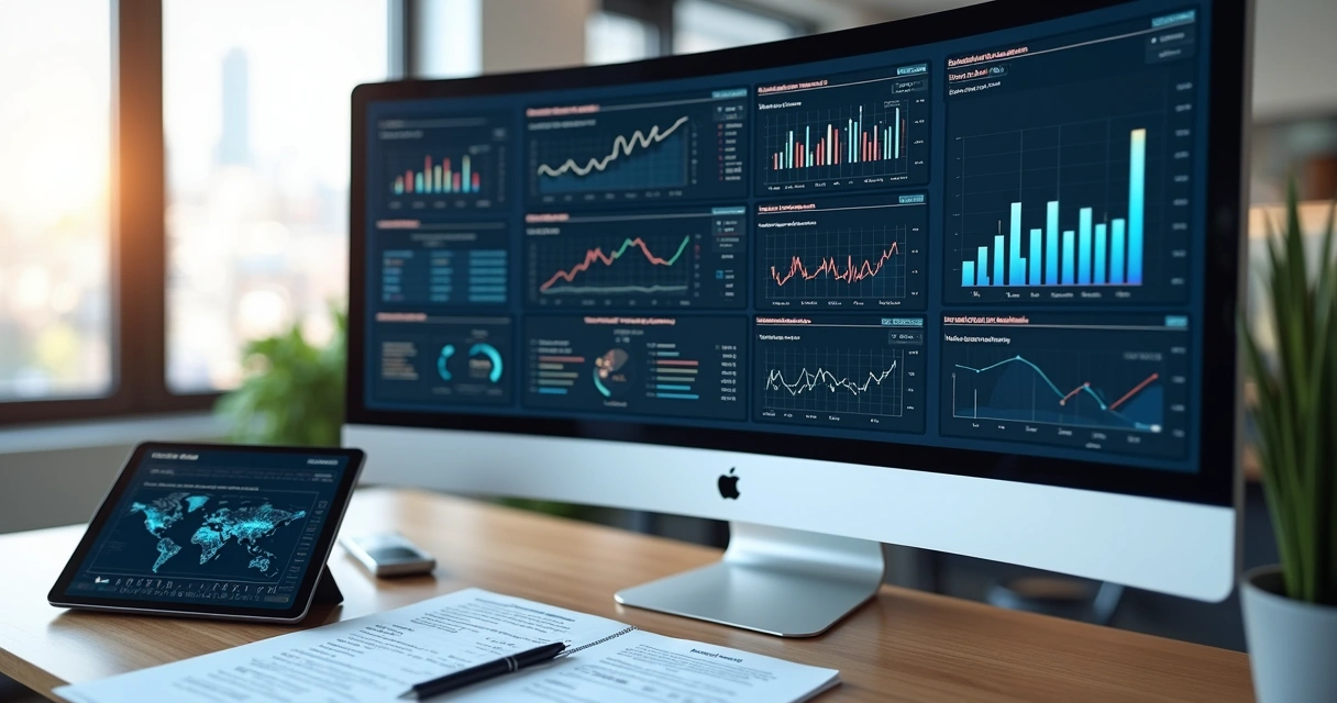 Tela de computador exibindo análise de crédito com gráficos, dados e indicadores financeiros detalhados 