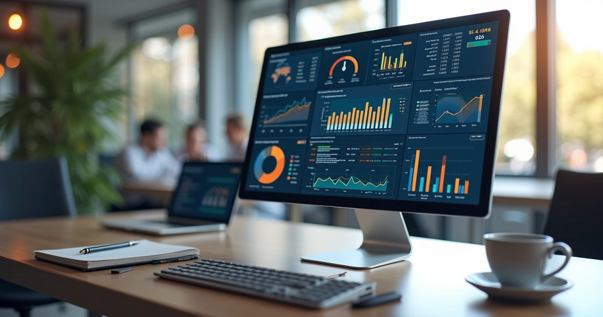 Computador com tela exibindo gráficos e dados de análise de crédito em ambiente corporativo moderno 