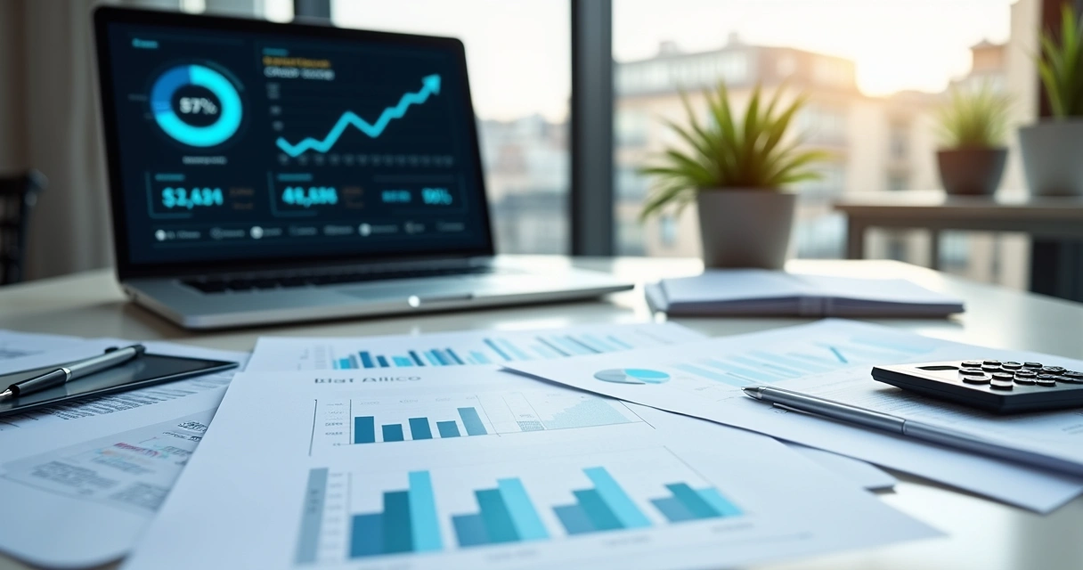 Documentos e gráficos de crédito empresarial sobre mesa de escritório