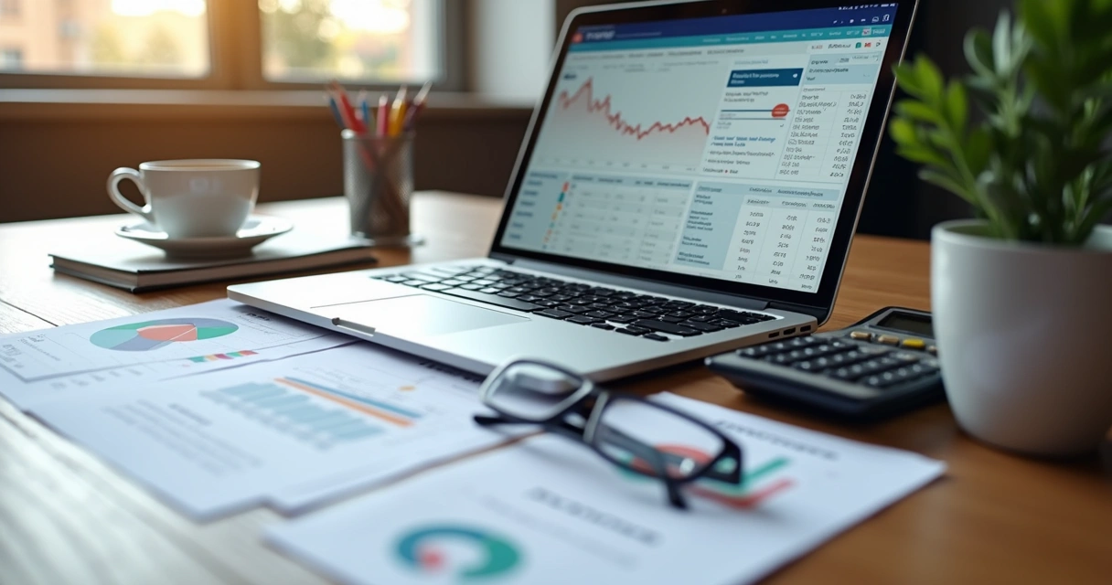 Mesa de trabalho com notebook, documentos com gráficos e calculadora mostrando análise de risco de crédito 