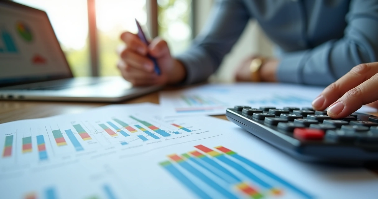 Mesa de trabalho com documentos de análise de crédito, calculadora, laptop aberto mostrando gráficos financeiros e mão segurando caneta analisando dados 