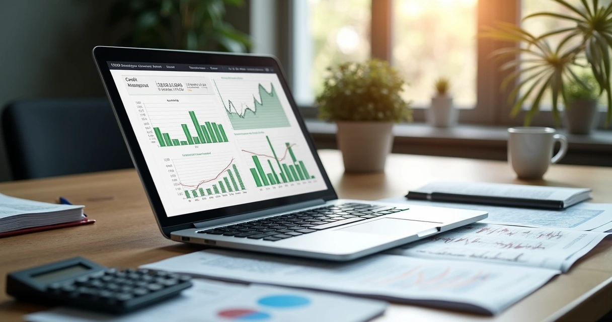 Mesa de trabalho com laptop aberto mostrando gráficos financeiros, documentos com dados e calculadora ao lado, representando análise de crédito e superendividamento. 