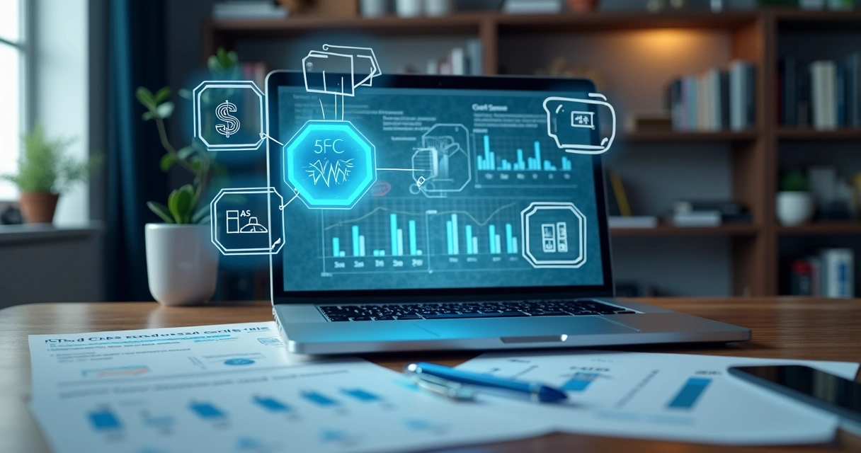 Mesa com laptop, gráficos financeiros digitais e documentos de análise de crédito 