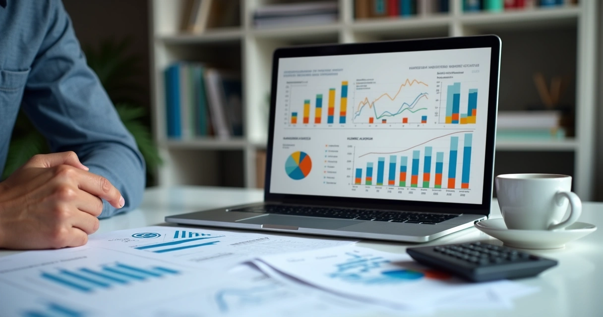 Empresário faz análise de indicadores gráficos em laptop sobre mercados e expansão