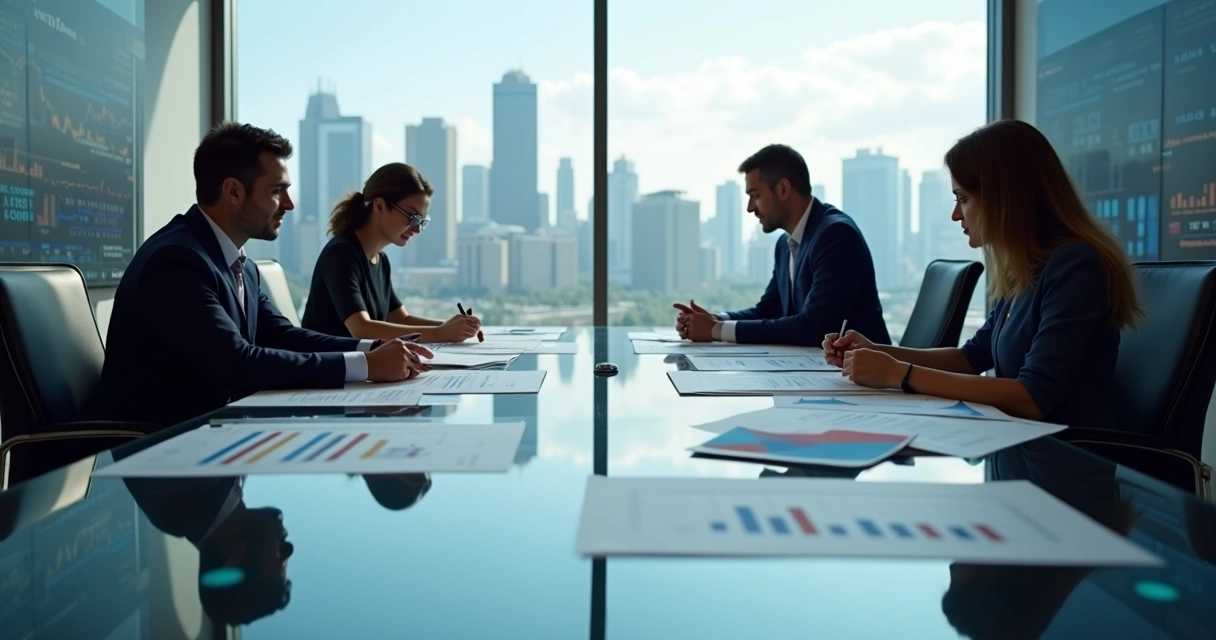 Pessoas analisando gráficos de previsão de PIB em uma sala de reuniões 