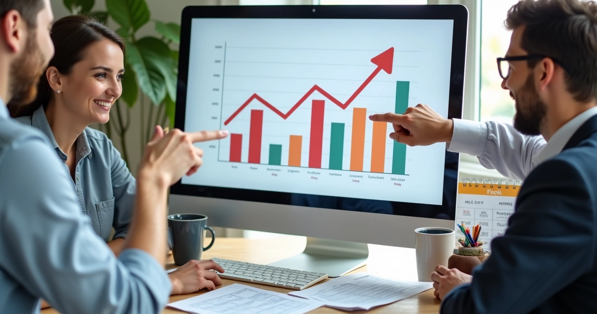 Gráficos de vendas em tela de computador e equipe analisando resultados 