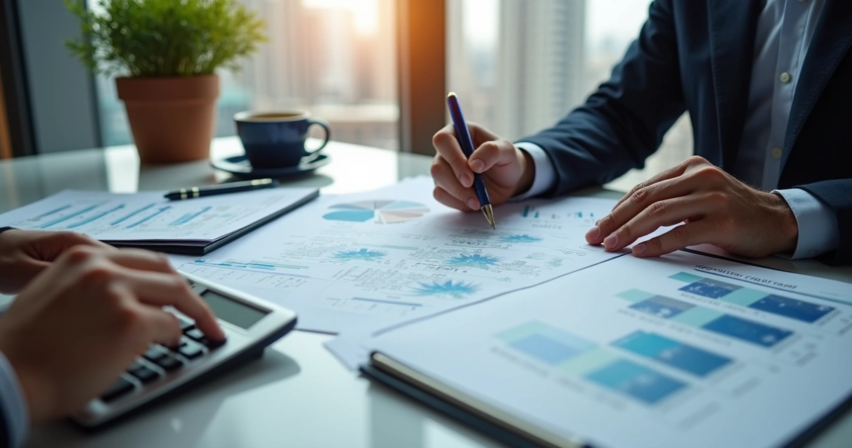 Mesa com gráficos de CRIs, calculadora e contratos imobiliários