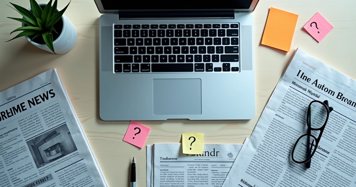 Mesa com jornal, laptop e anotações de checagem
