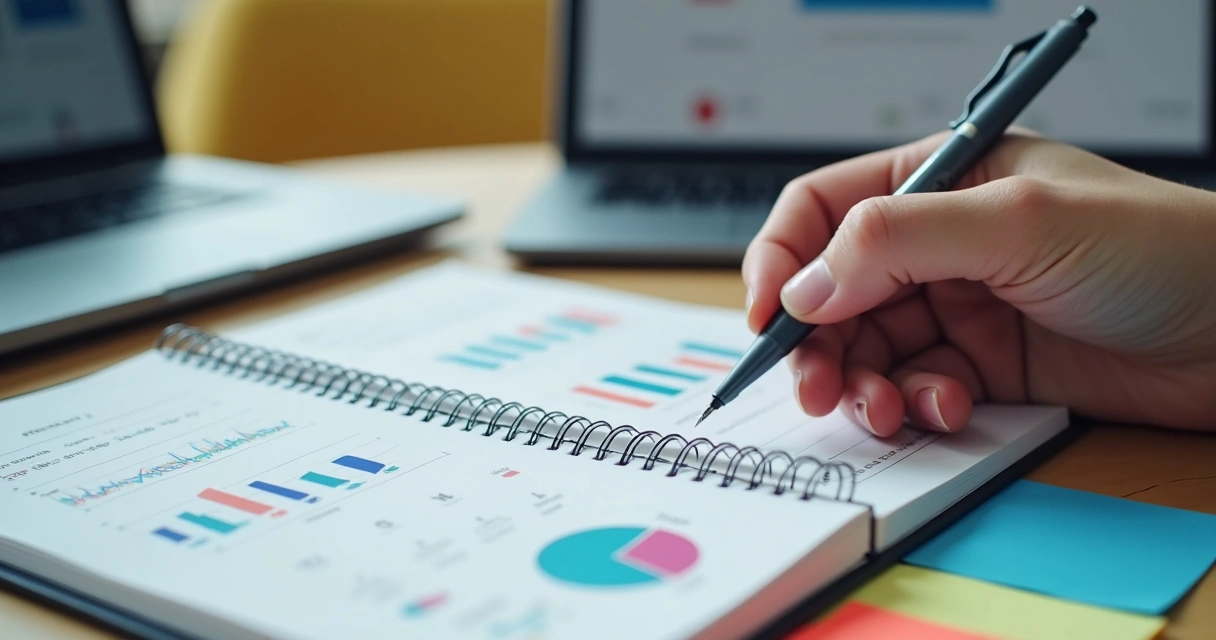 Pessoa fazendo análise de infoprodutos com anotações e usando notebook 
